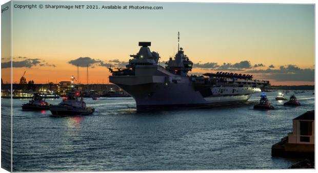 Dusk departure of HMS Queen Elizabeth with F35 on  Canvas Print by Sharpimage NET