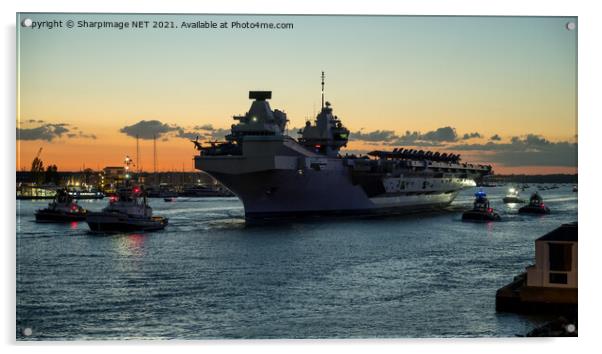 Dusk departure of HMS Queen Elizabeth with F35 on  Acrylic by Sharpimage NET
