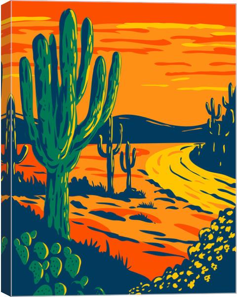 Saguaro Cactus at Dusk in Saguaro National Park in Tucson Arizona National Park California WPA Poster Art Canvas Print by Aloysius Patrimonio