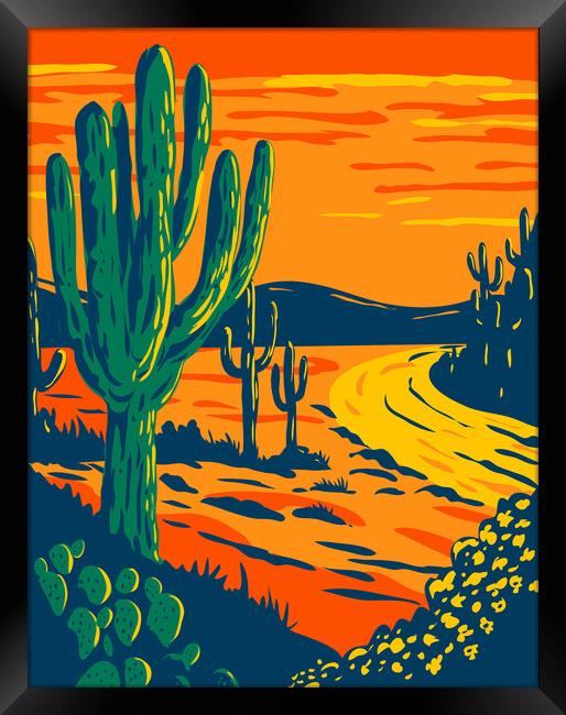 Saguaro Cactus at Dusk in Saguaro National Park in Tucson Arizona National Park California WPA Poster Art Framed Print by Aloysius Patrimonio