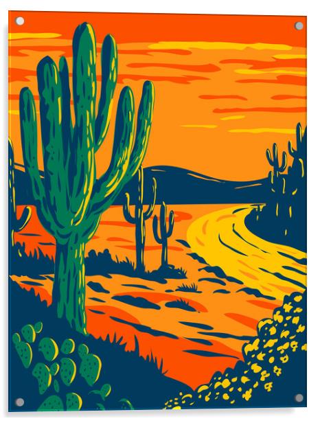 Saguaro Cactus at Dusk in Saguaro National Park in Tucson Arizona National Park California WPA Poster Art Acrylic by Aloysius Patrimonio