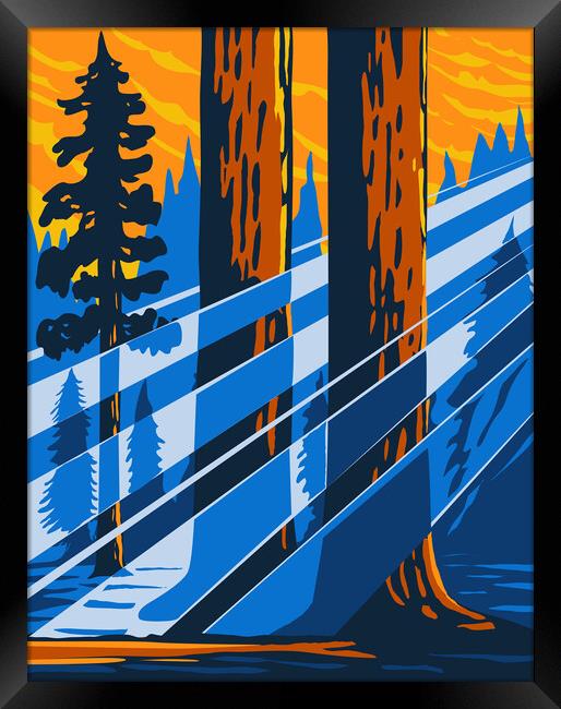 The Giant Sequoia National Monument Located in the Southern Sierra Nevada in Eastern Central California USA WPA Poster Art Framed Print by Aloysius Patrimonio