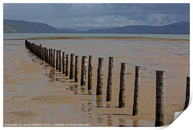 Breakwater posts on Ynylas Nature reserve, looking across Snowdon mountains Print by Jenny Hibbert