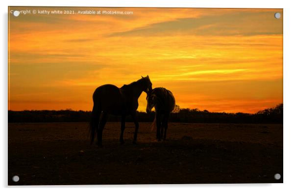 Two beautiful horses together at sunset,Silhouette Acrylic by kathy white