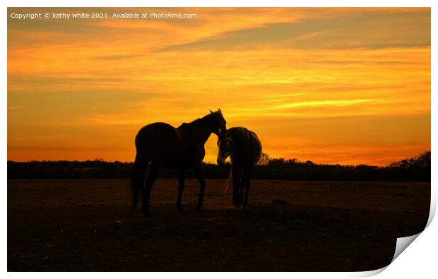 Two beautiful horses together at sunset,Silhouette Print by kathy white