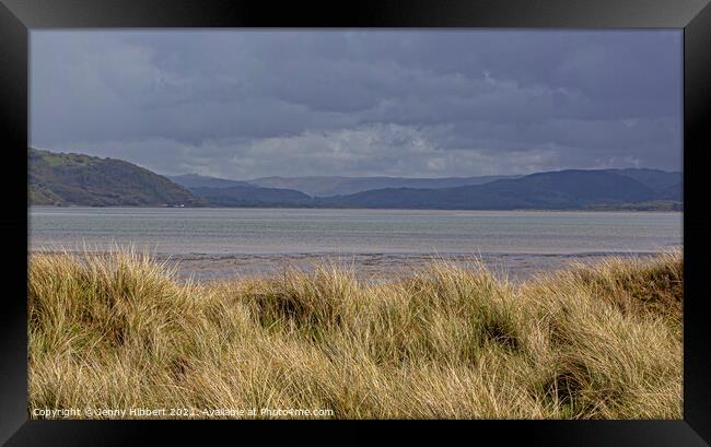 Marram grass sand dune looking across the river Dyfi towards the Cambrian mountains Framed Print by Jenny Hibbert