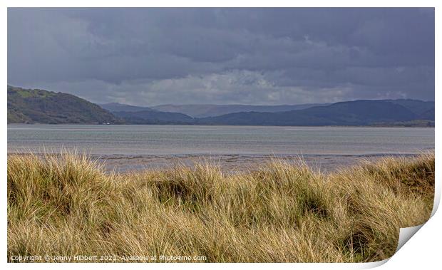 Marram grass sand dune looking across the river Dyfi towards the Cambrian mountains Print by Jenny Hibbert