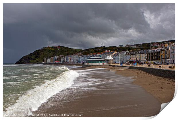 Aberystwyth on a stormy day with Constitution hill in the distance Print by Jenny Hibbert