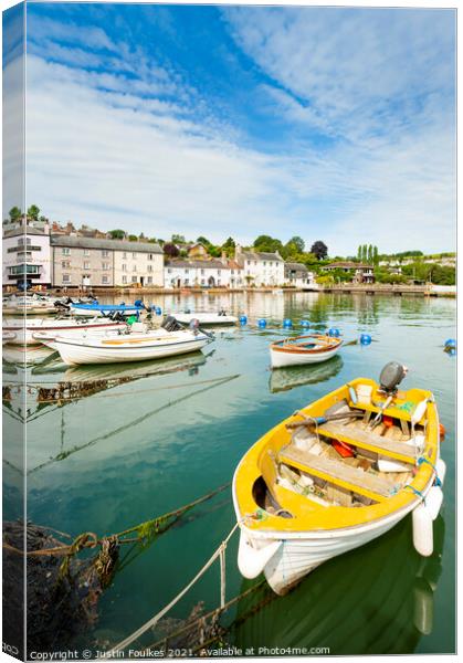 Boats on the river Dart, at Dittisham, South Devon Canvas Print by Justin Foulkes