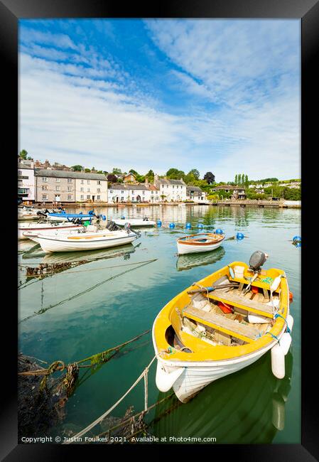 Boats on the river Dart, at Dittisham, South Devon Framed Print by Justin Foulkes