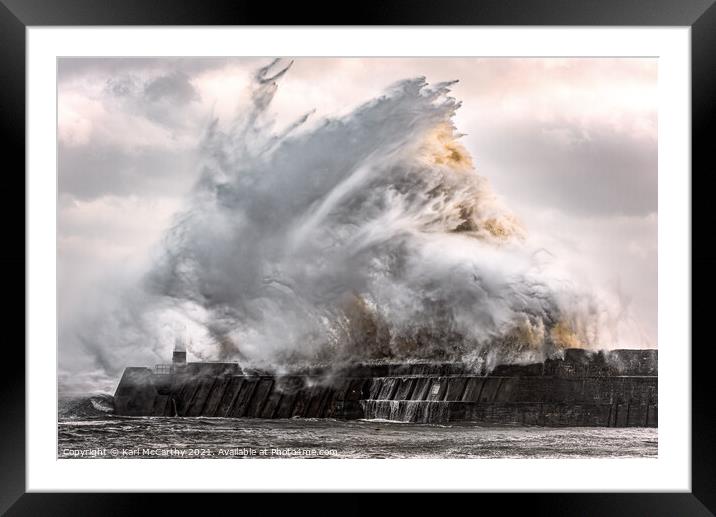 Wave Smashing into Harbour Wall Framed Mounted Print by Karl McCarthy