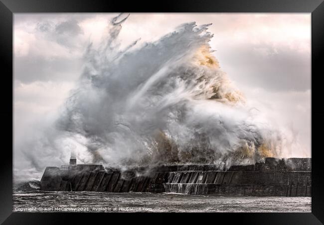 Wave Smashing into Harbour Wall Framed Print by Karl McCarthy
