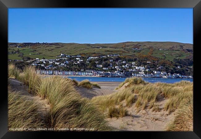 Ynyslas sand dunes covered with Marram grass, looking across the river Dyfi Framed Print by Jenny Hibbert