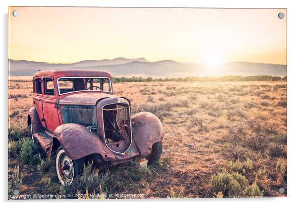 Disused rusty old vintage car in Montana, USA Acrylic by Delphimages Art