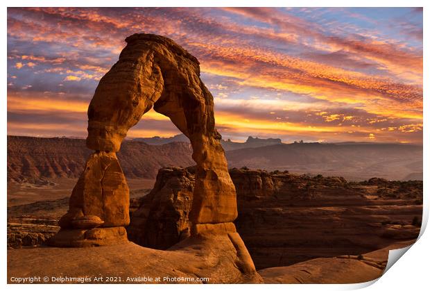Arches National Park. Delicate arch at sunset Print by Delphimages Art