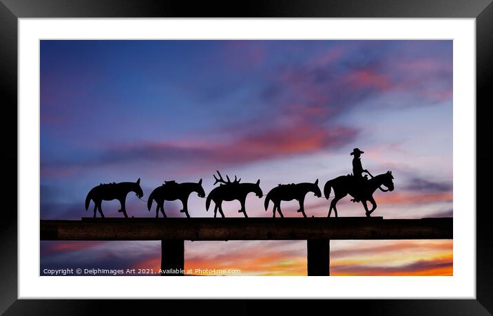 Cowboy silhouette, ranch  gate at sunset, USA Framed Mounted Print by Delphimages Art