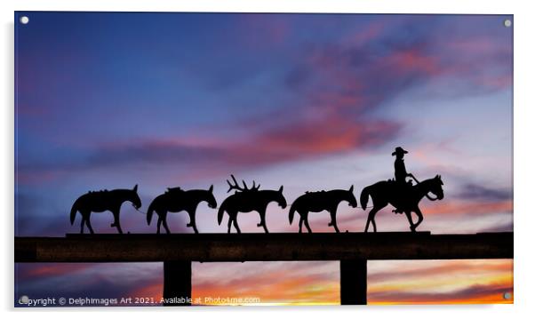 Cowboy silhouette, ranch  gate at sunset, USA Acrylic by Delphimages Art