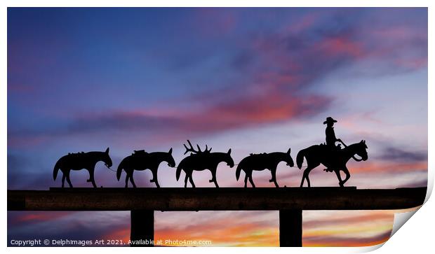 Cowboy silhouette, ranch  gate at sunset, USA Print by Delphimages Art