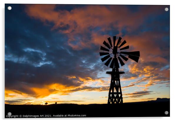 American windmill at sunset, dramatic sky Acrylic by Delphimages Art
