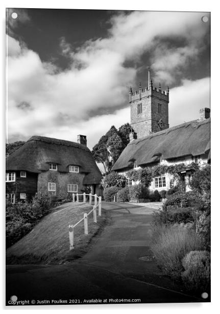 Godshill, in black and white, Isle of Wight Acrylic by Justin Foulkes