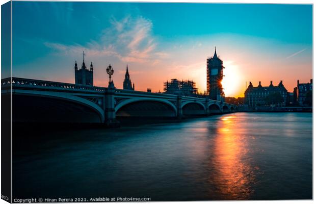 Big Ben, The Palace of Westminster and Westminster Bridge at Sunset Canvas Print by Hiran Perera