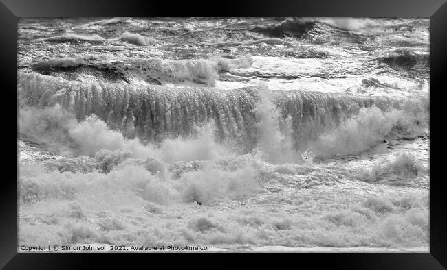 Breaking Wave  Porthlevan cornwall Framed Print by Simon Johnson