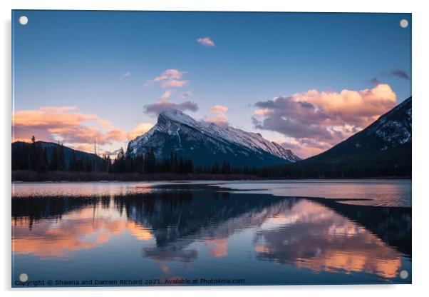 Mount Rundle reflected in Vermillion Lakes Acrylic by Shawna and Damien Richard