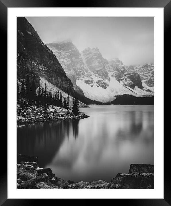 Moraine Lake Black and White Framed Mounted Print by Shawna and Damien Richard