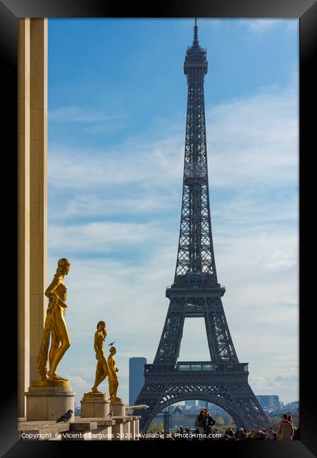 Golden sculptures and Eiffel tower Framed Print by Vicente Sargues