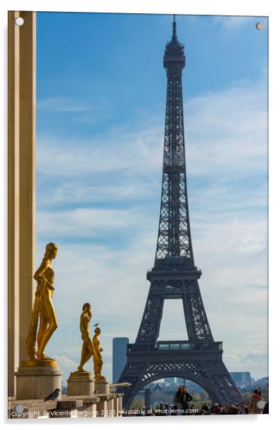 Golden sculptures and Eiffel tower Acrylic by Vicente Sargues