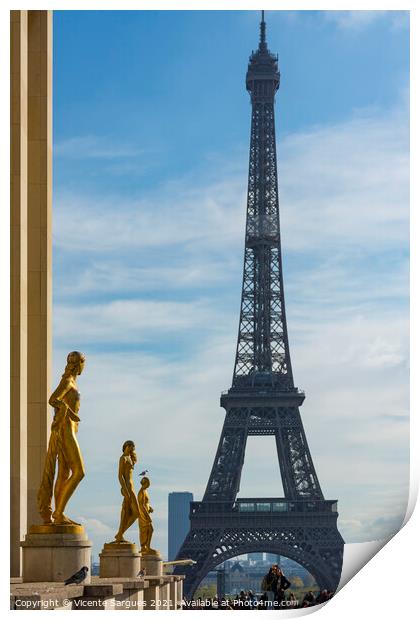 Golden sculptures and Eiffel tower Print by Vicente Sargues