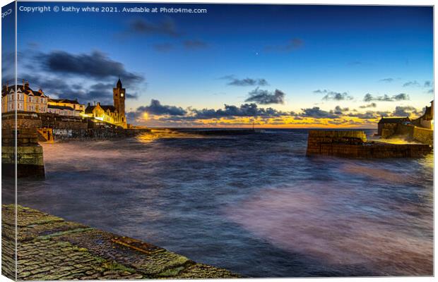  Porthleven Cornwall at night with clock tower Canvas Print by kathy white