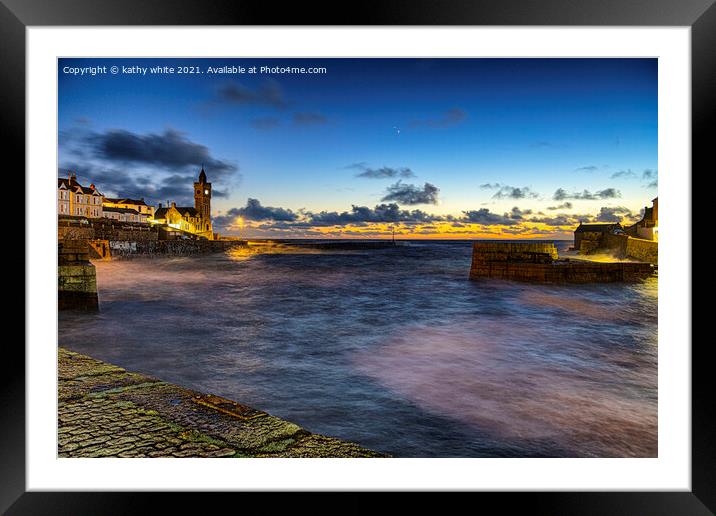  Porthleven Cornwall at night with clock tower Framed Mounted Print by kathy white