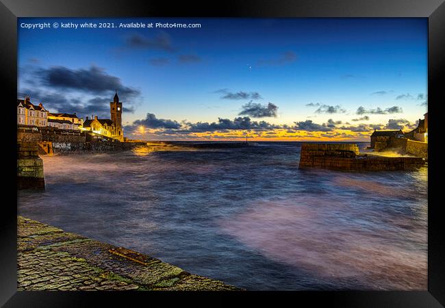  Porthleven Cornwall at night with clock tower Framed Print by kathy white
