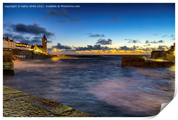  Porthleven Cornwall at night with clock tower Print by kathy white