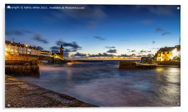  Porthleven at night with clock tower,and ship inn Acrylic by kathy white