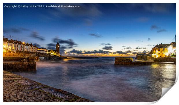  Porthleven at night with clock tower,and ship inn Print by kathy white