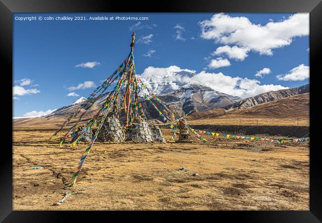Tibetan Prayer Flags and Pole Framed Print by colin chalkley