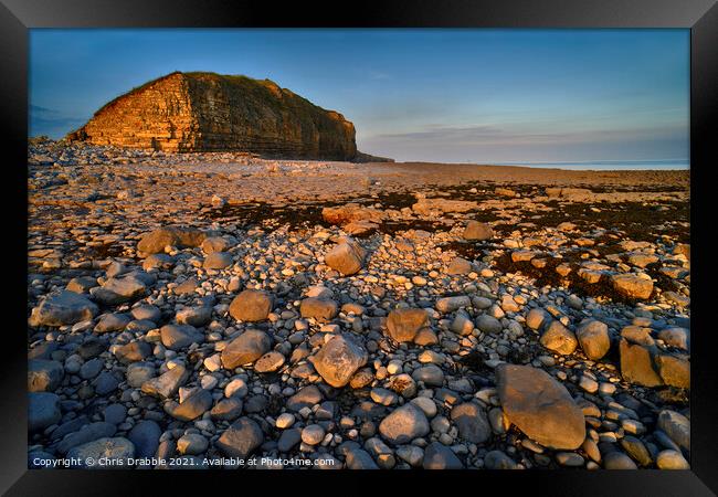 Llantwit Major Beach and Cliffs in last light Framed Print by Chris Drabble