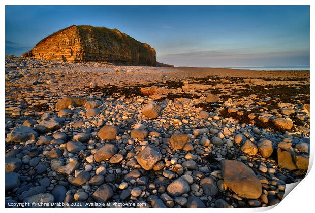 Llantwit Major Beach and Cliffs in last light Print by Chris Drabble