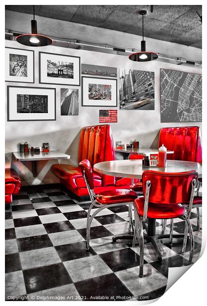 Interior of a classic american diner restaurant Print by Delphimages Art