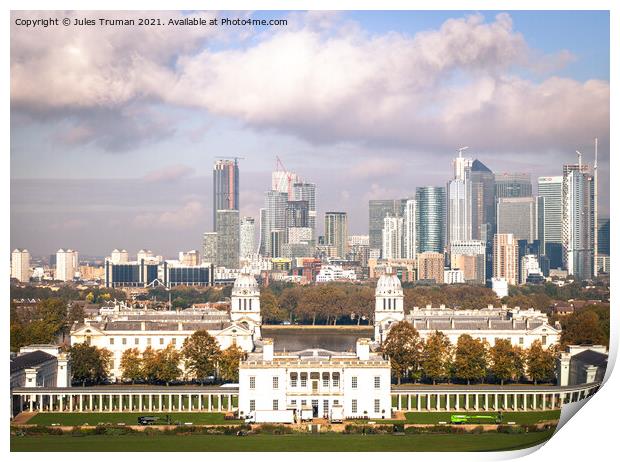Canary Wharf and Greenwich Naval College Print by Jules D Truman
