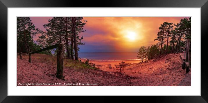 Colorful sunset over sea and pine forest Framed Mounted Print by Maria Vonotna