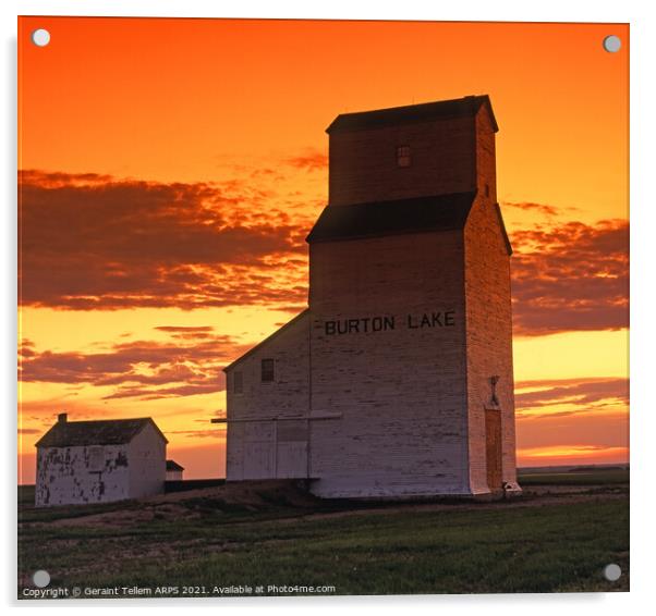 Grain elevator at sunset, Burton Lake, Saskatchewa Acrylic by Geraint Tellem ARPS