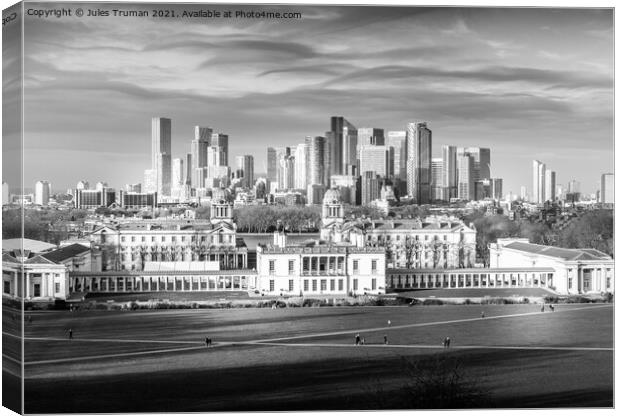 Canary Wharf and Greenwich Naval College in monochrome Canvas Print by Jules D Truman