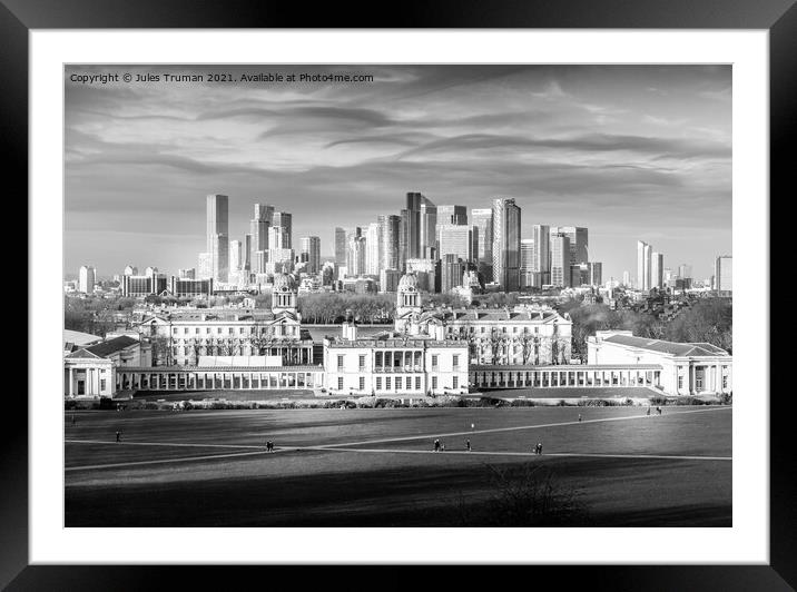 Canary Wharf and Greenwich Naval College in monochrome Framed Mounted Print by Jules D Truman