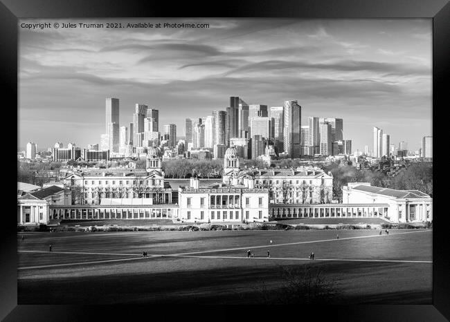 Canary Wharf and Greenwich Naval College in monochrome Framed Print by Jules D Truman