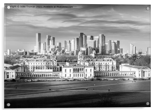 Canary Wharf and Greenwich Naval College in monochrome Acrylic by Jules D Truman