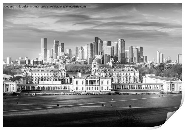 Canary Wharf and Greenwich Naval College in monochrome Print by Jules D Truman
