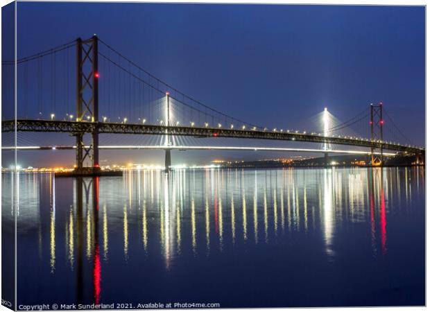 Forth Road Bridges at Dusk South Queensferry Canvas Print by Mark Sunderland